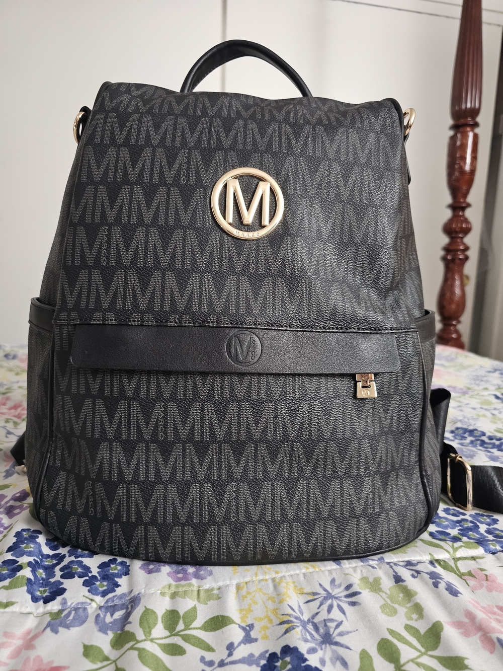 Black Logo-Print Women’s Backpack with Gold Accent